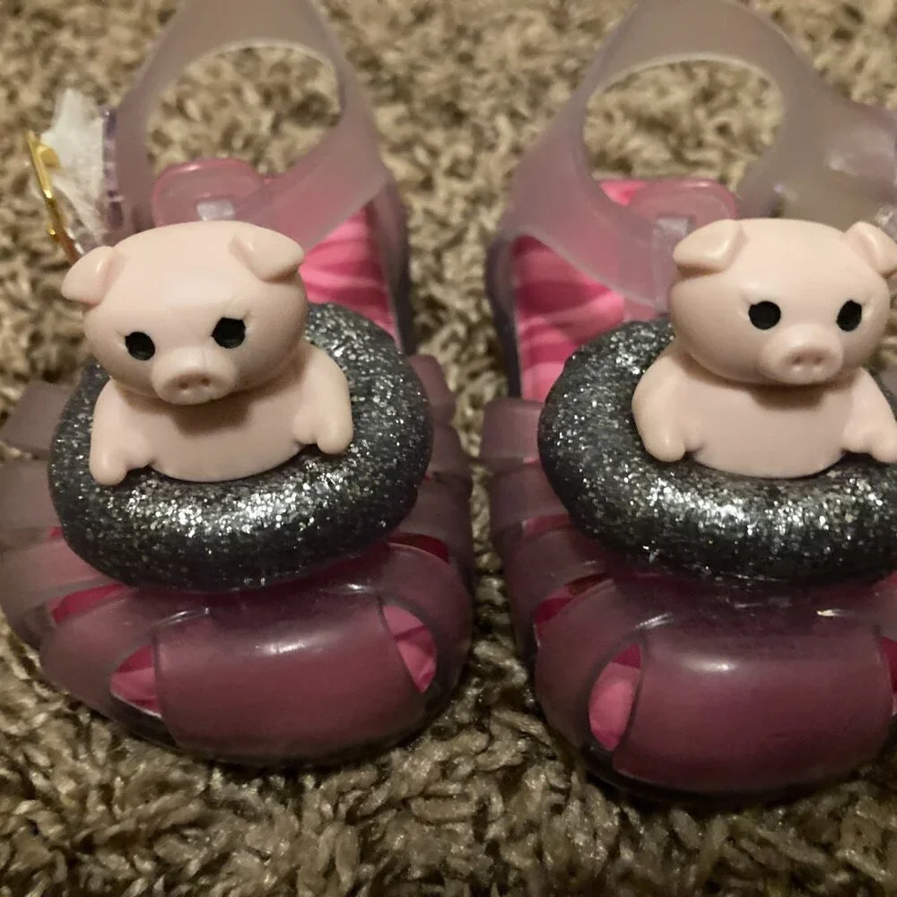 Mini Melissa Pig Jelly Sandals Infant Size 5 Clear Ankle Straps Clear Sparkly